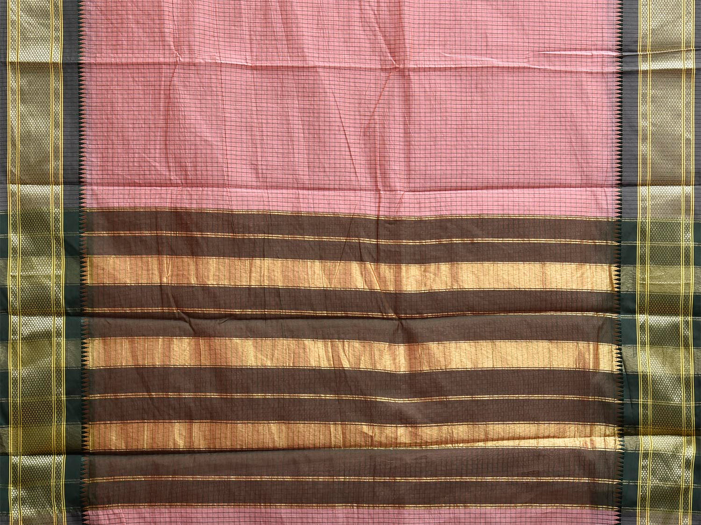 Peach and Green Bamboo Cotton Saree with Checks Design No Blouse bc1006