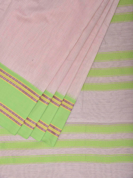 Cream and Neon Green Bamboo Cotton Saree with Small Checks Design No Blouse bc1007