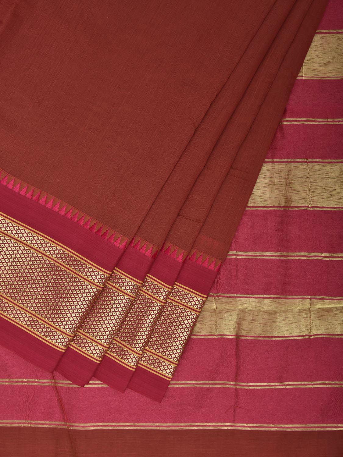 Rust and Pink Bamboo Cotton Plain Saree with Contrast Pallu Design No Blouse bc1009