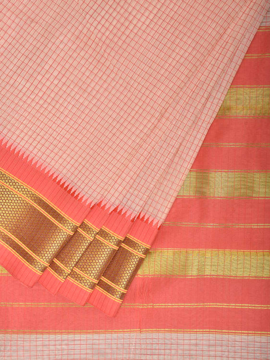 White and Peach Bamboo Cotton Saree with Checks Design No Blouse bc1010