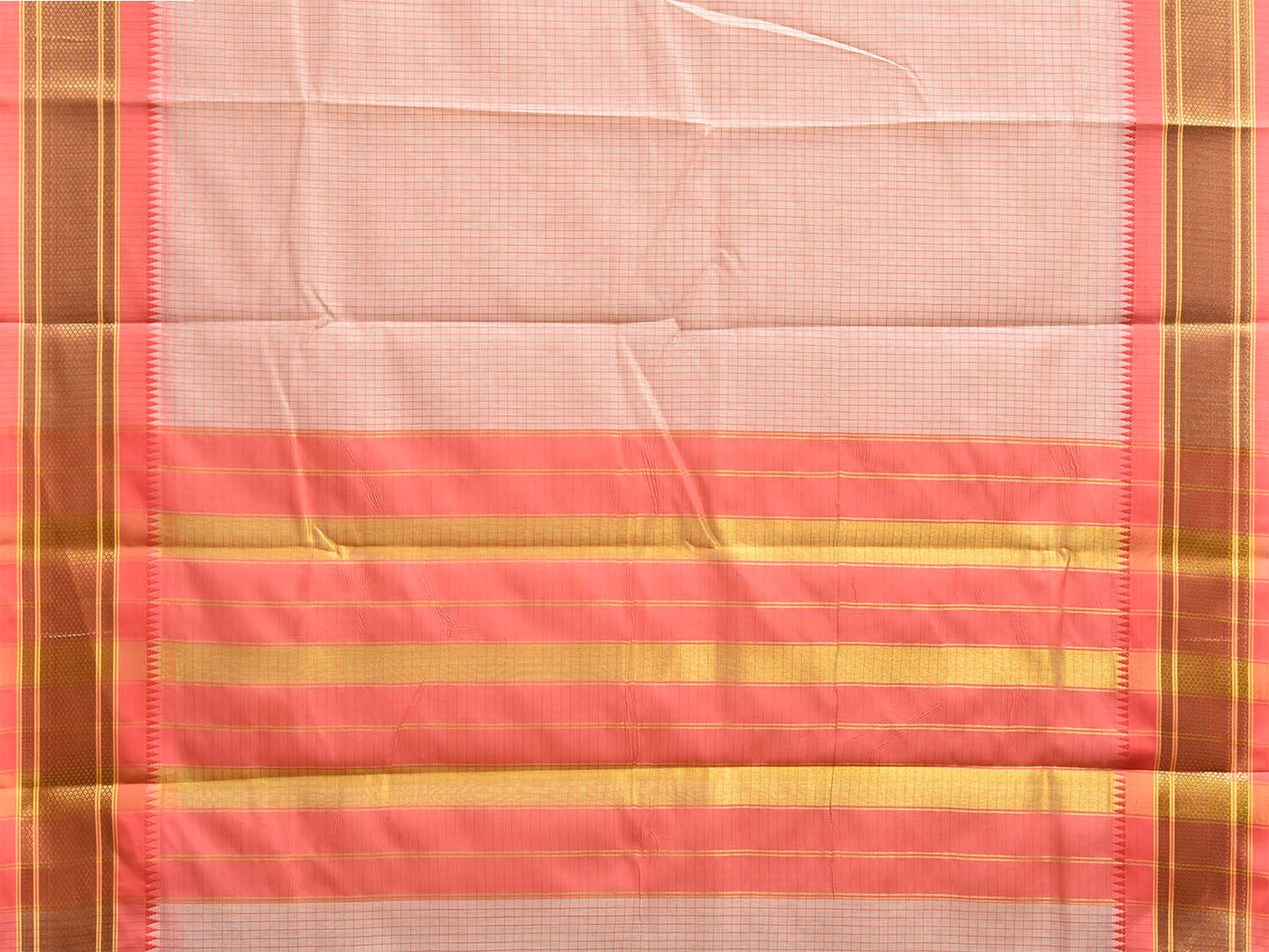 White and Peach Bamboo Cotton Saree with Checks Design No Blouse bc1010