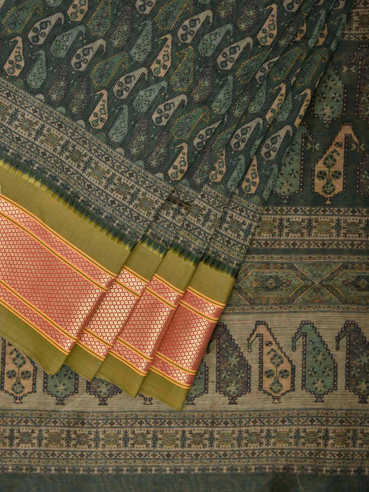 Green and Olive Bamboo Cotton Saree with Digital Print Design bc1011