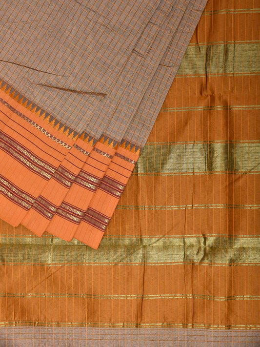 Grey and Mustard Bamboo Cotton Viscose Silk Saree with Checks Design No Blouse bc1012