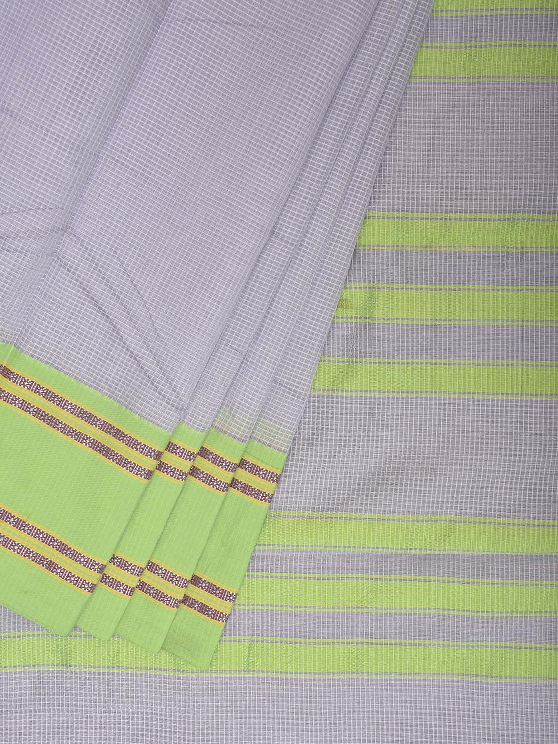 Light Grey and Neon Green Bamboo Cotton Saree with Small Checks Design No Blouse bc1013