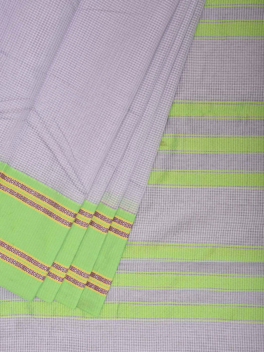 Light Grey and Neon Green Bamboo Cotton Saree with Small Checks Design No Blouse bc1013