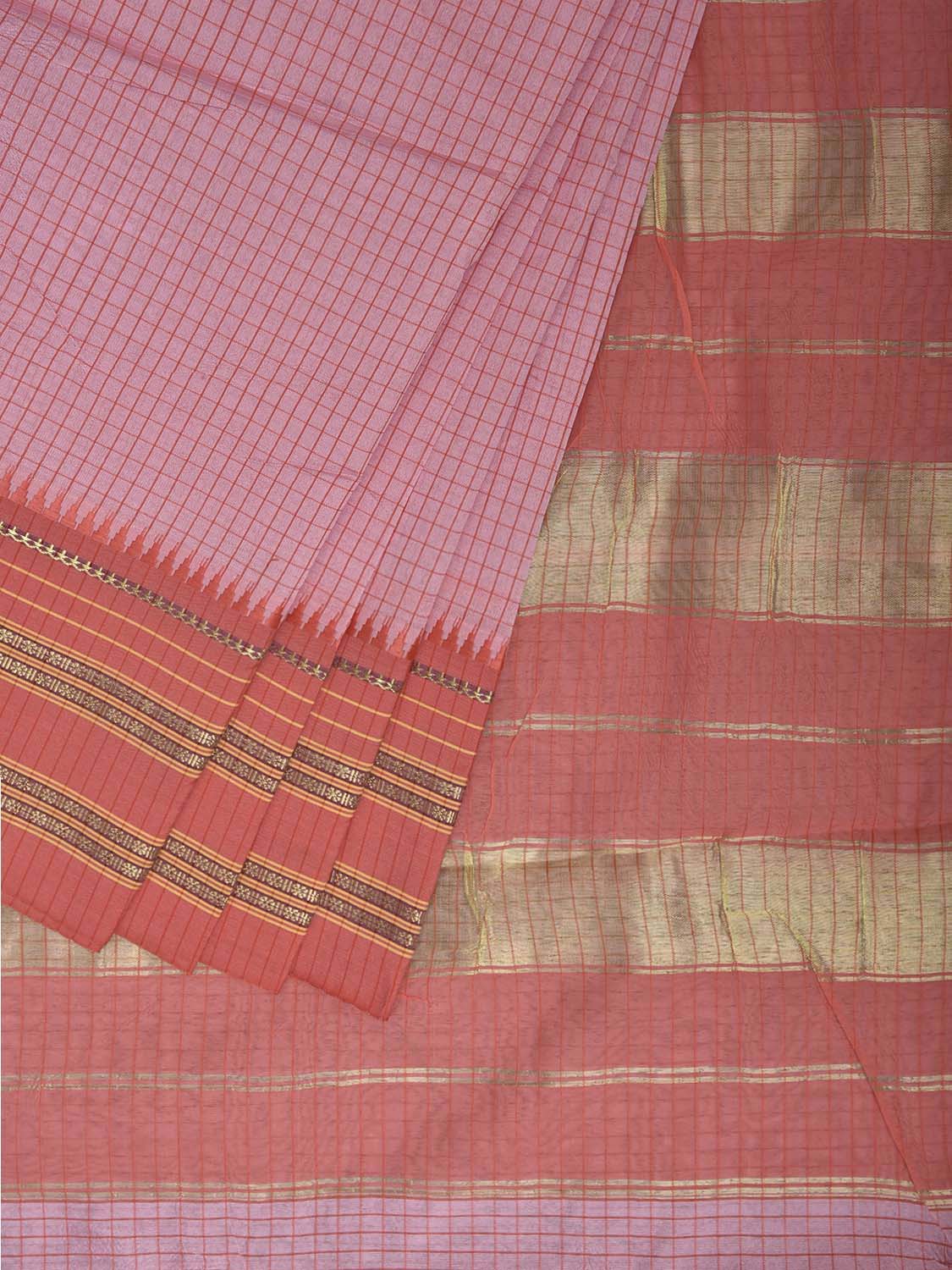 Baby Pink and Peach Bamboo Cotton Viscose Silk Saree with Checks Design No Blouse bc1015