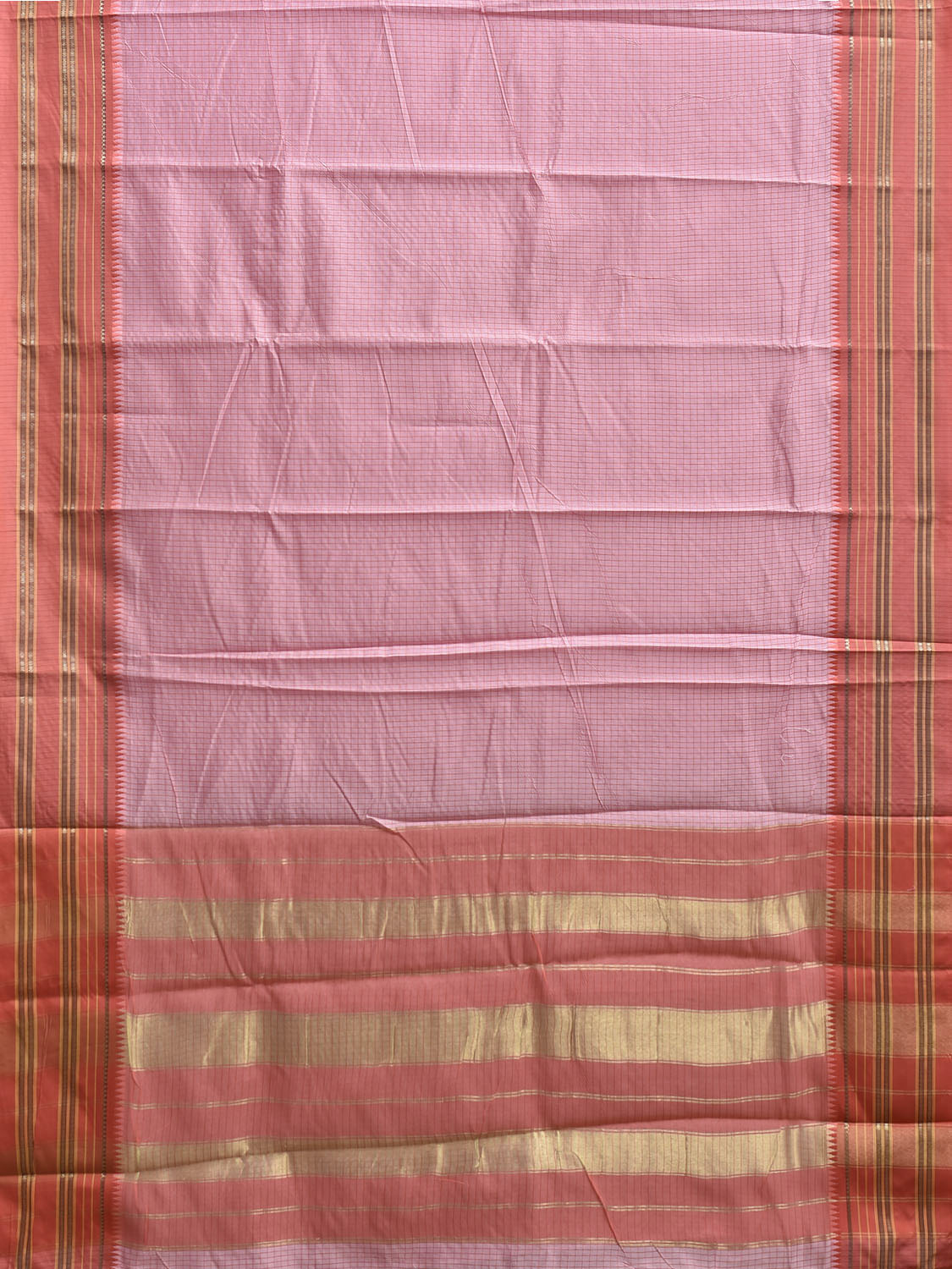 Baby Pink and Peach Bamboo Cotton Viscose Silk Saree with Checks Design No Blouse bc1015