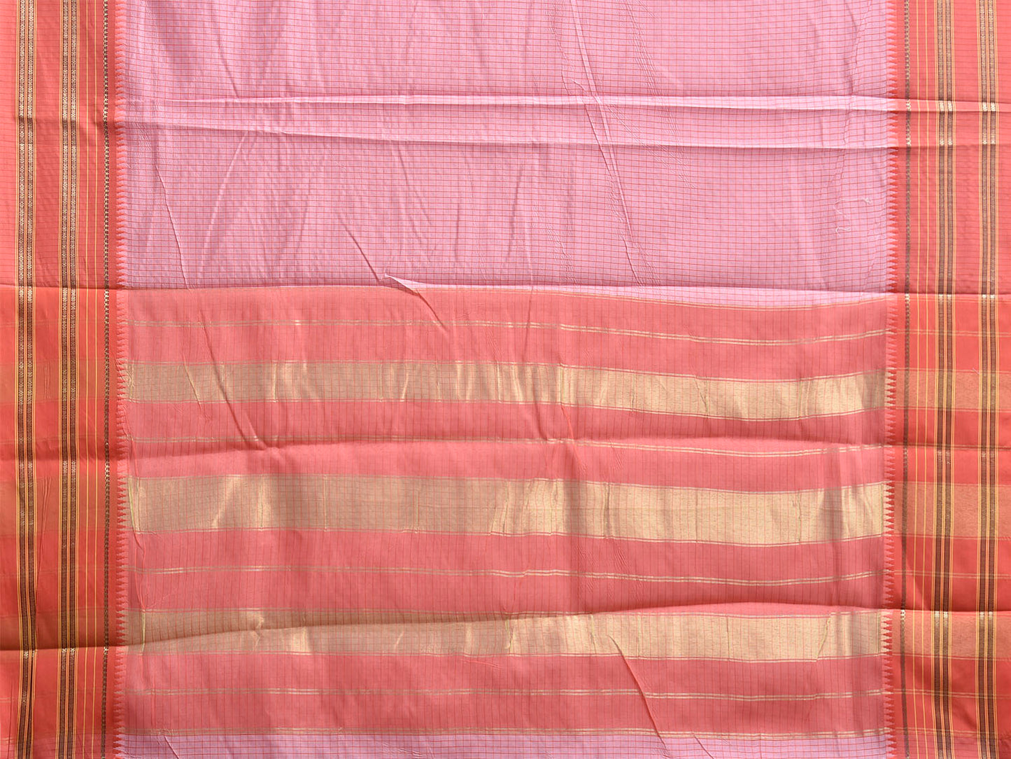 Baby Pink and Peach Bamboo Cotton Viscose Silk Saree with Checks Design No Blouse bc1015