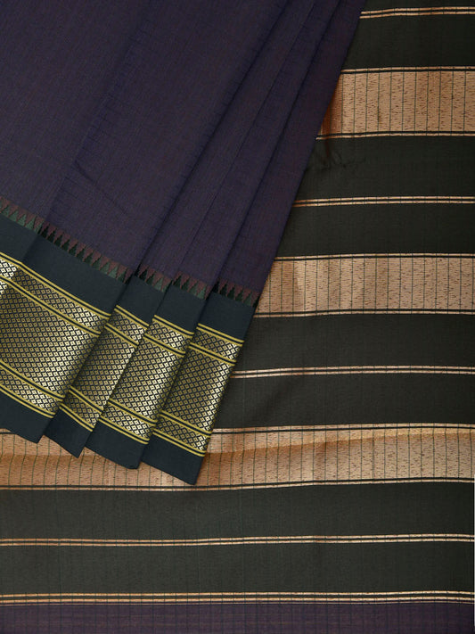 Dark Indigo and Green Bamboo Cotton Saree with Checks and Contrast Pallu Design No Blouse bc1016