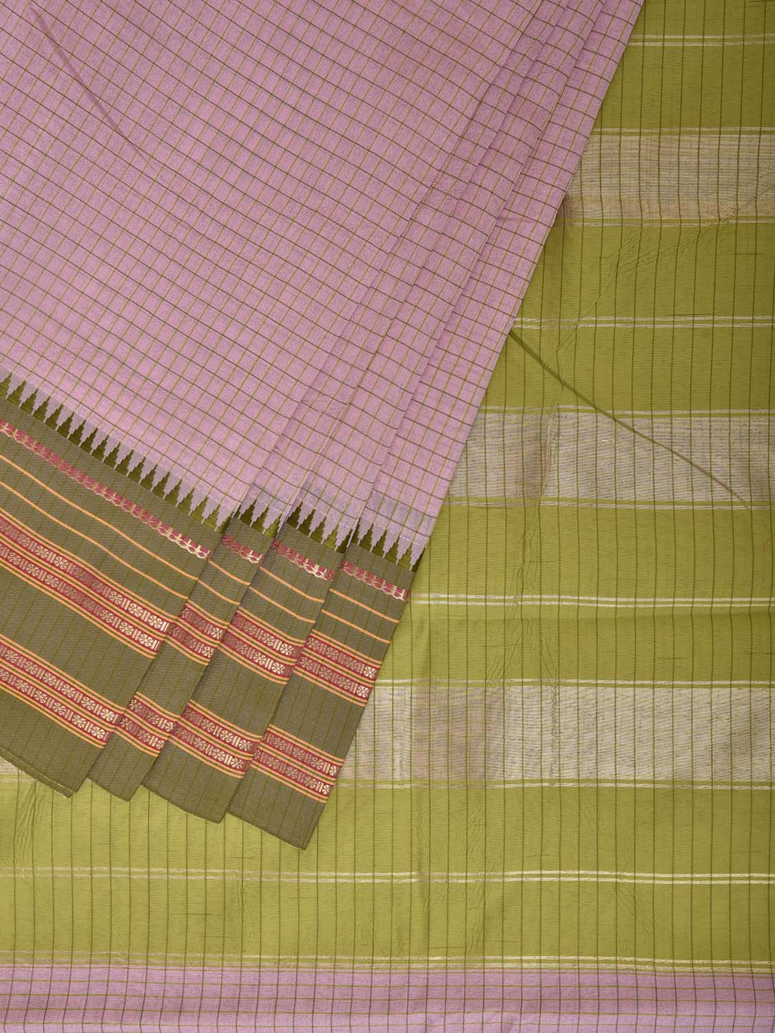 Light Pink and Green Bamboo Cotton Viscose Silk Saree with Checks Design No Blouse bc1017