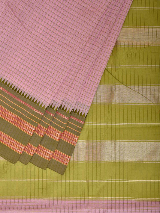 Light Pink and Green Bamboo Cotton Viscose Silk Saree with Checks Design No Blouse bc1017