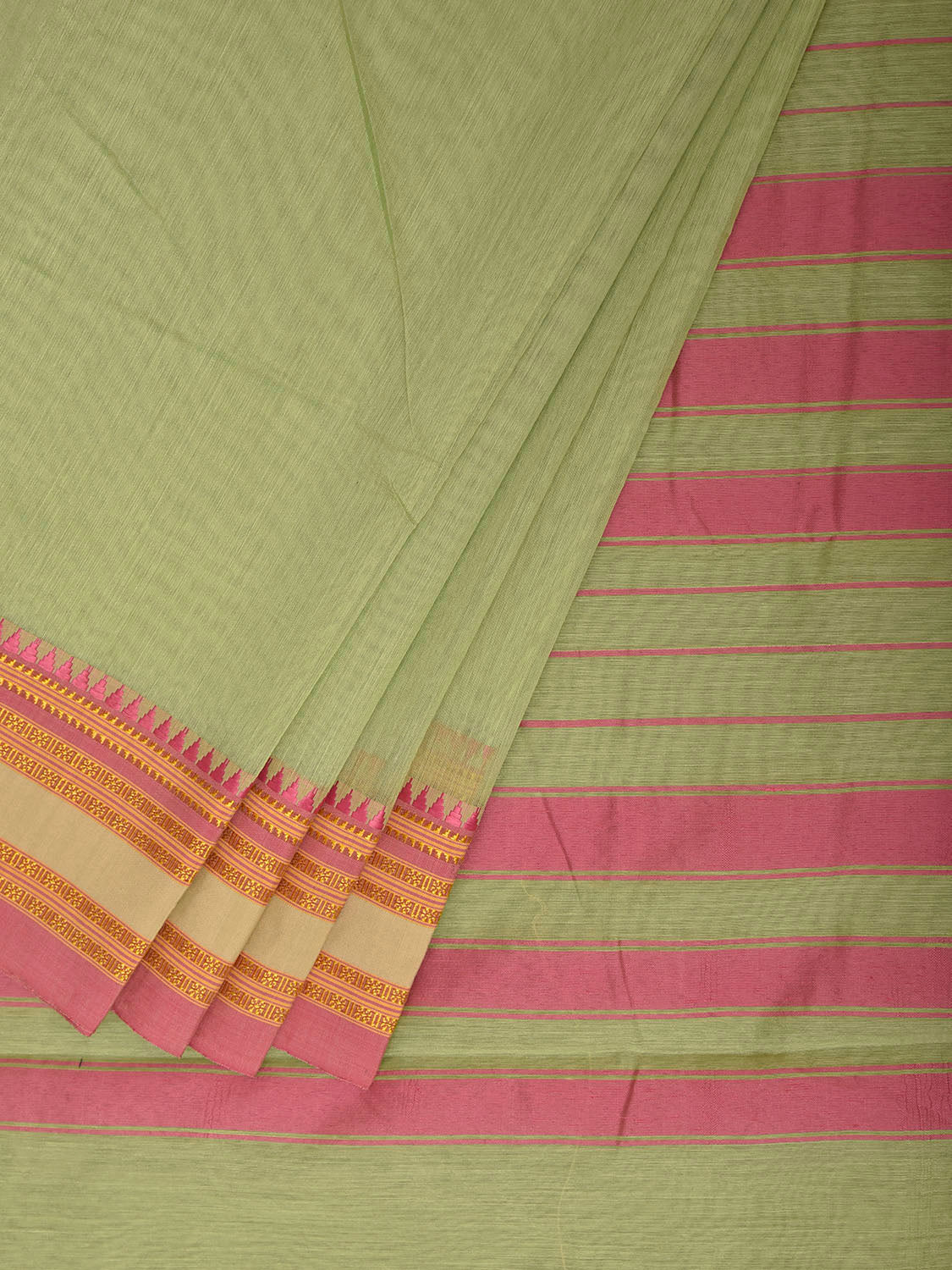 Light Green and Pink Bamboo Cotton Plain Saree with Strips Pallu Design No Blouse bc1018