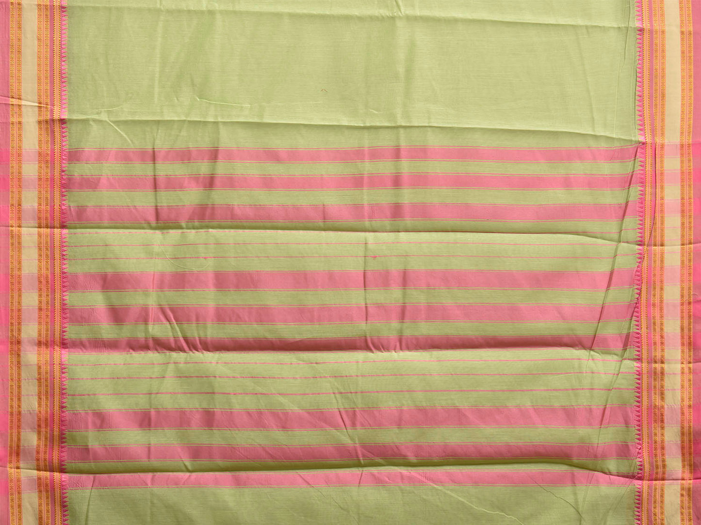 Light Green and Pink Bamboo Cotton Plain Saree with Strips Pallu Design No Blouse bc1018