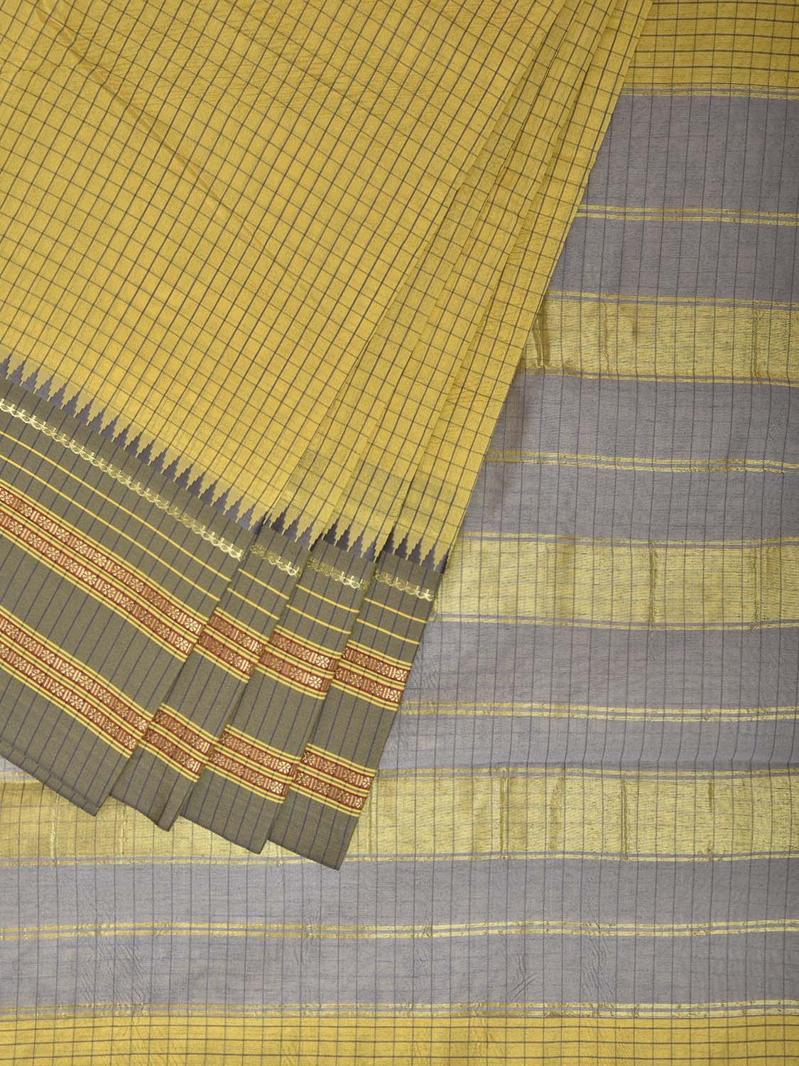 Yellow and Grey Bamboo Cotton Viscose Silk Saree with Checks Design No Blouse bc1019