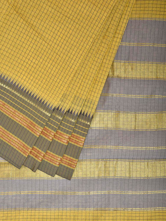 Yellow and Grey Bamboo Cotton Viscose Silk Saree with Checks Design No Blouse bc1019