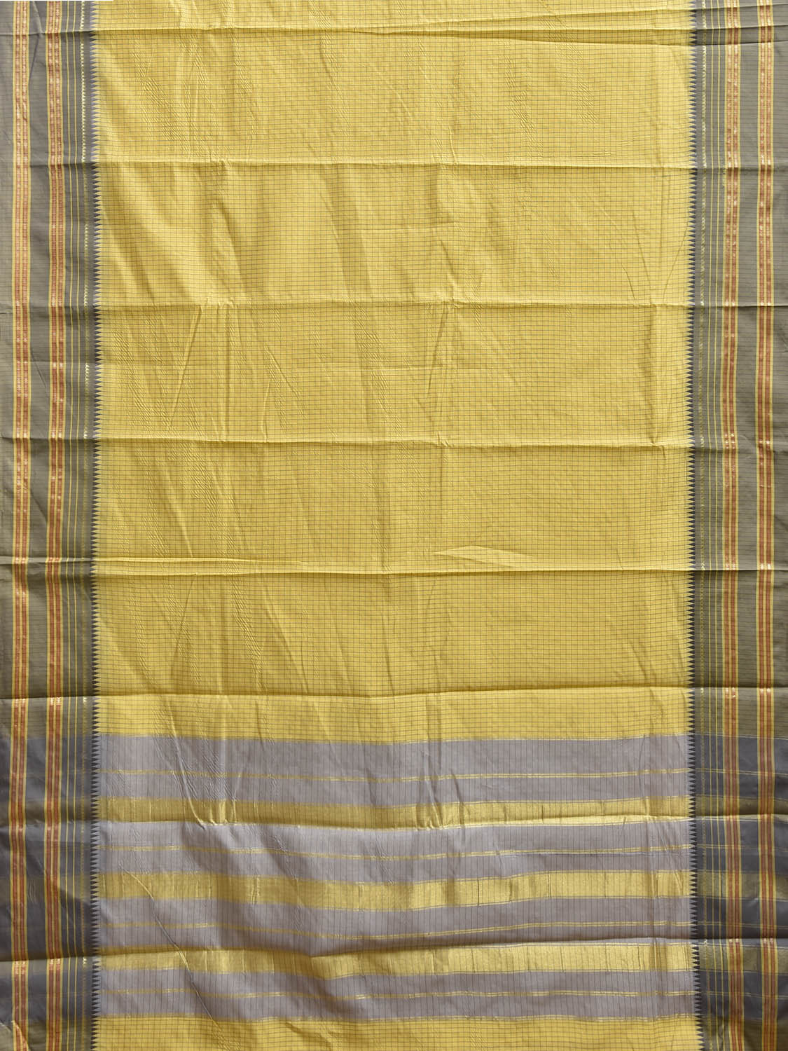 Yellow and Grey Bamboo Cotton Viscose Silk Saree with Checks Design No Blouse bc1019