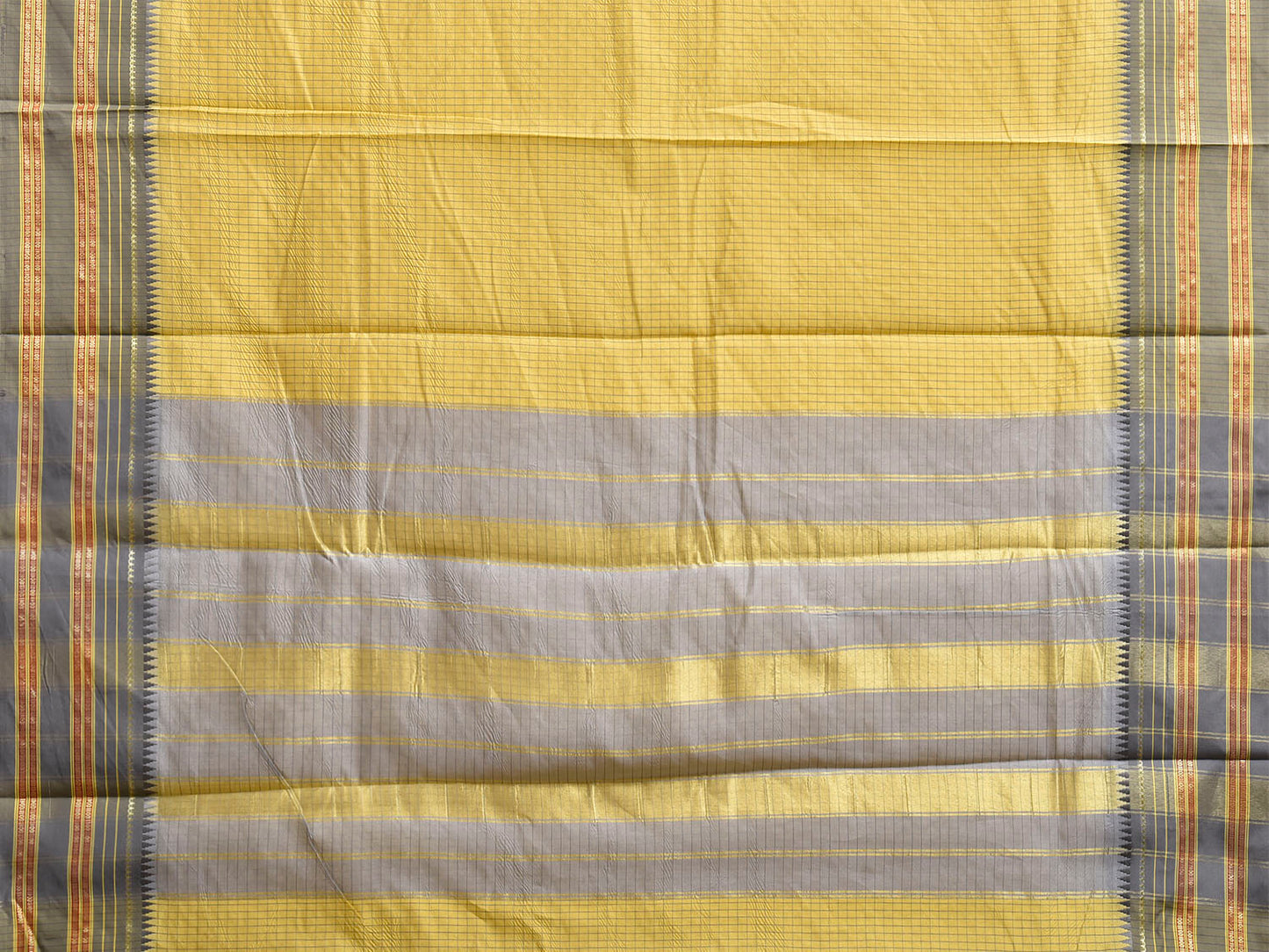 Yellow and Grey Bamboo Cotton Viscose Silk Saree with Checks Design No Blouse bc1019