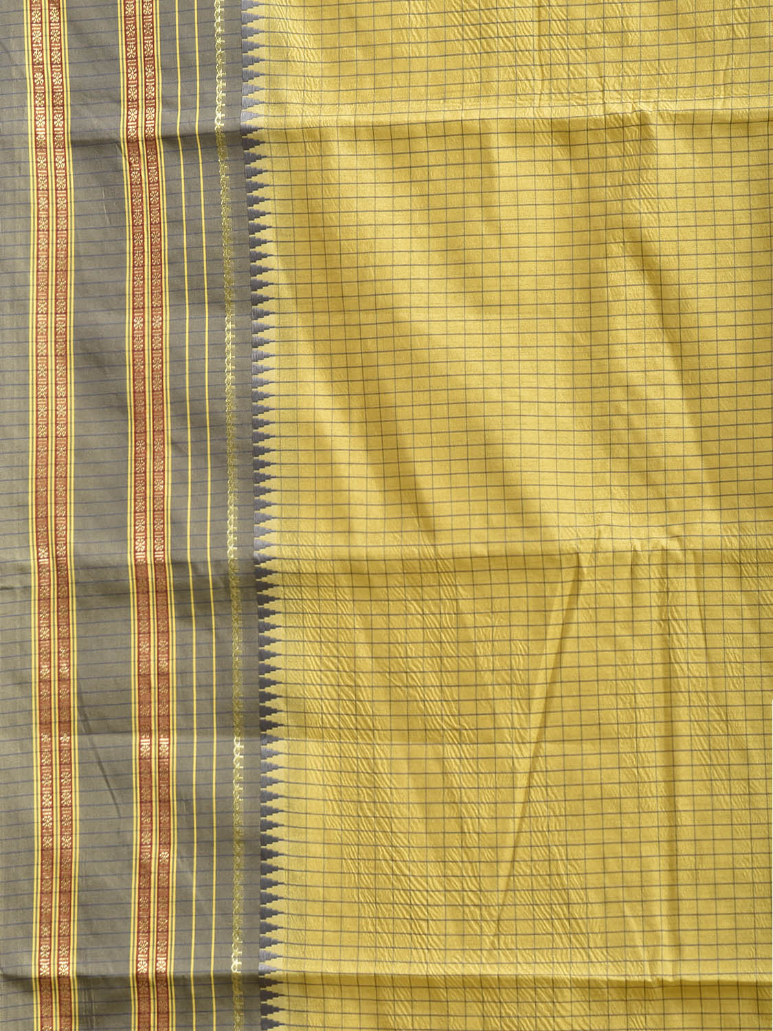Yellow and Grey Bamboo Cotton Viscose Silk Saree with Checks Design No Blouse bc1019
