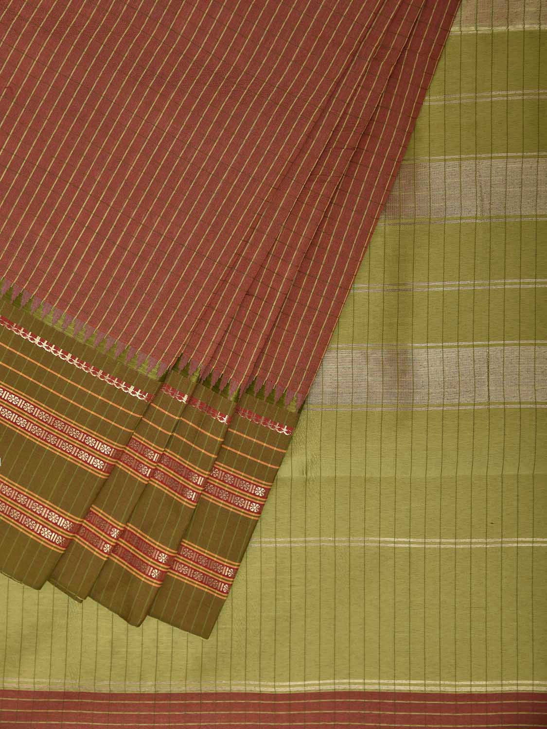 Rust and Green Bamboo Cotton Viscose Silk Saree with Checks Design No Blouse bc1020