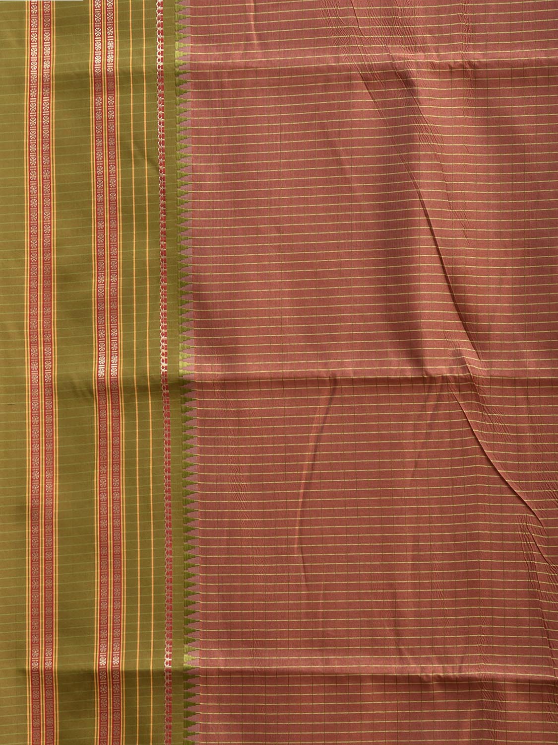 Rust and Green Bamboo Cotton Viscose Silk Saree with Checks Design No Blouse bc1020