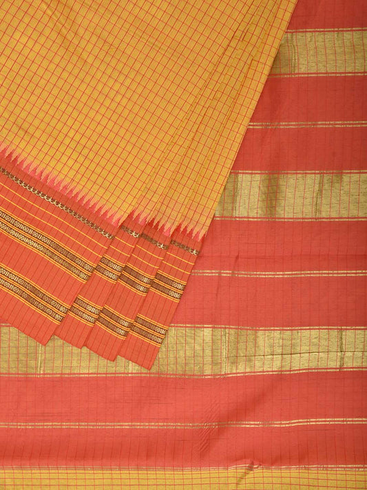 Yellow and Peach Bamboo Cotton Viscose Silk Saree with Checks Design No Blouse bc1021