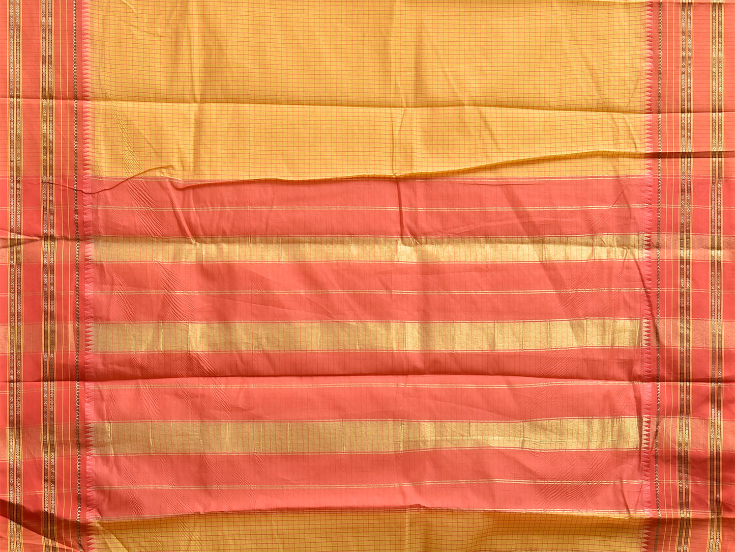 Yellow and Peach Bamboo Cotton Viscose Silk Saree with Checks Design No Blouse bc1021