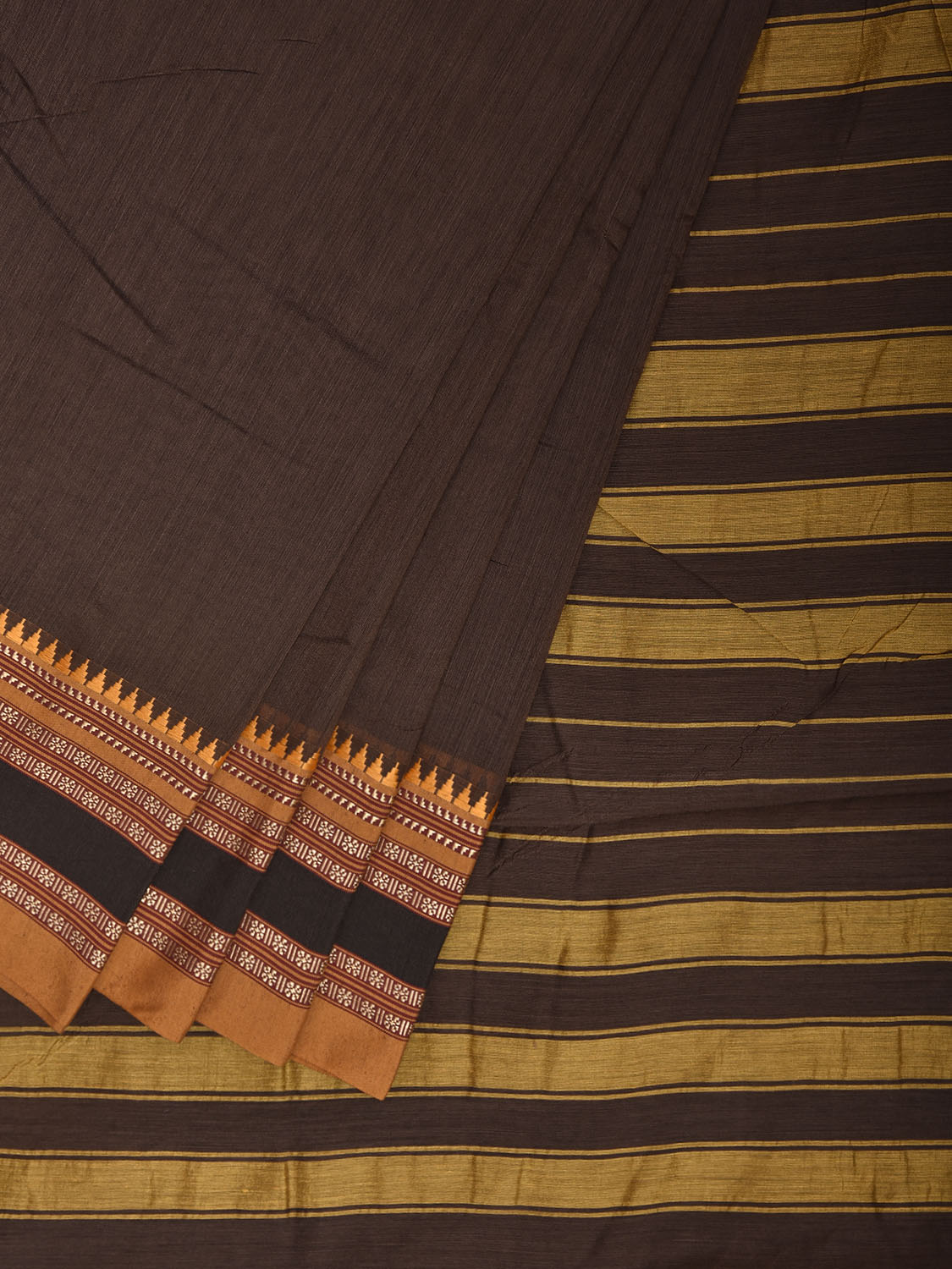 Dark Brown and Mustard Bamboo Cotton Plain Saree with Strips Pallu Design No Blouse bc1023