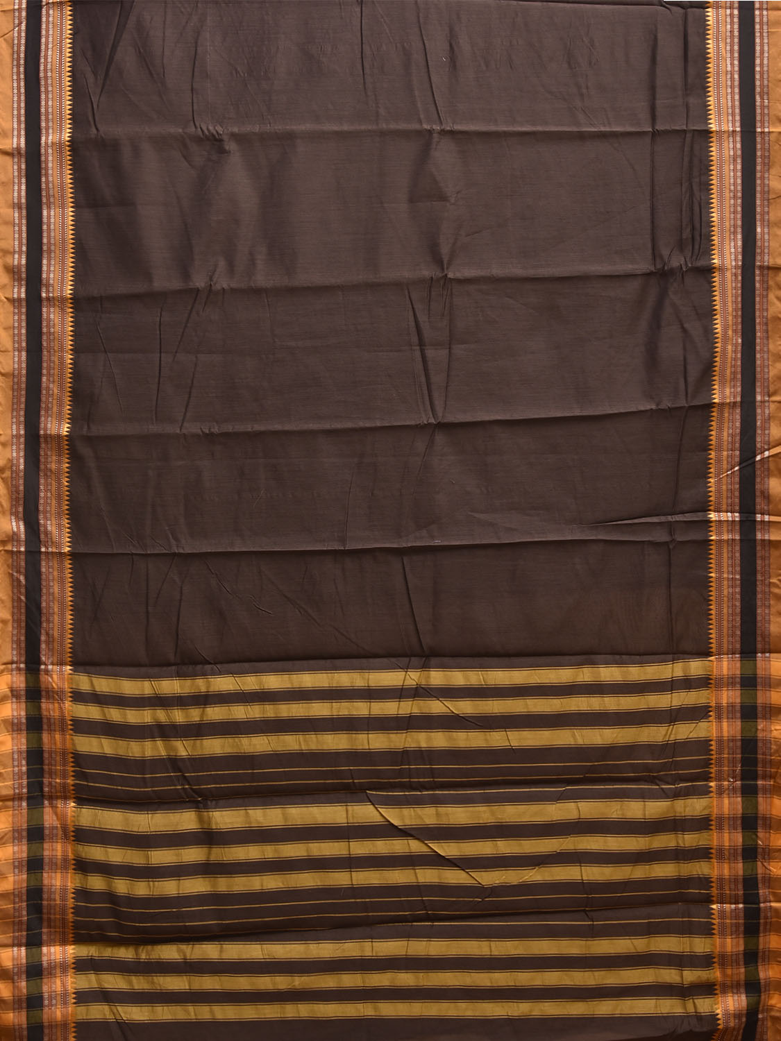 Dark Brown and Mustard Bamboo Cotton Plain Saree with Strips Pallu Design No Blouse bc1023