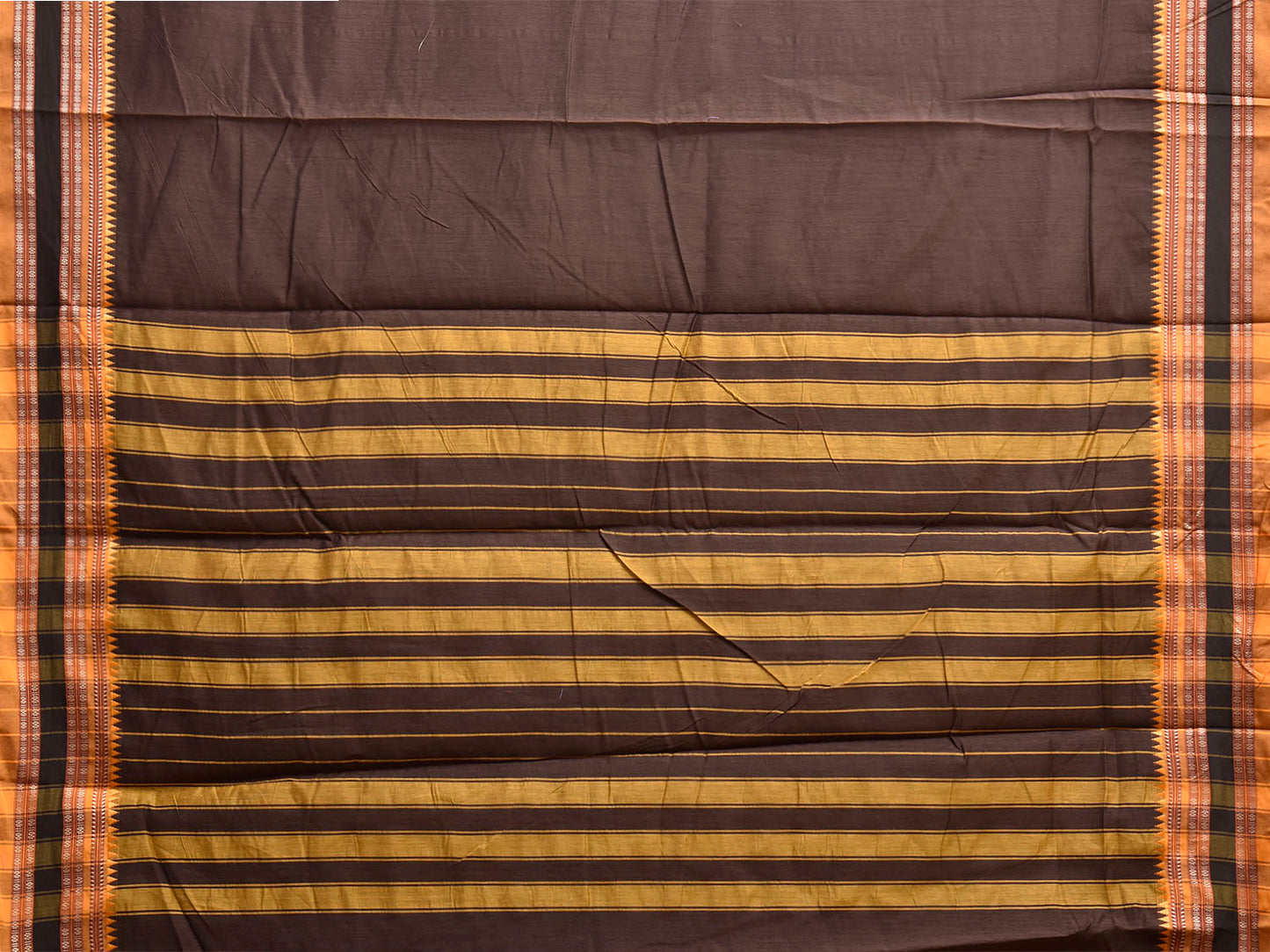Dark Brown and Mustard Bamboo Cotton Plain Saree with Strips Pallu Design No Blouse bc1023