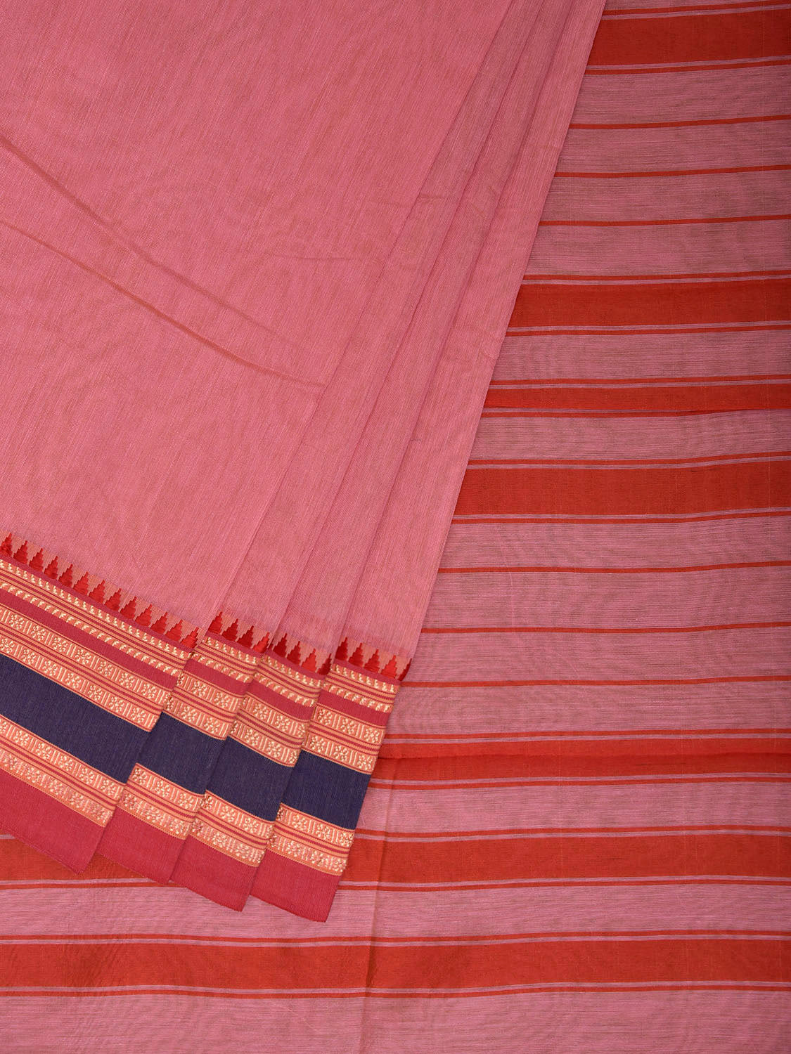 Baby Pink and Red Bamboo Cotton Plain Saree with Strips Pallu Design No Blouse bc1024