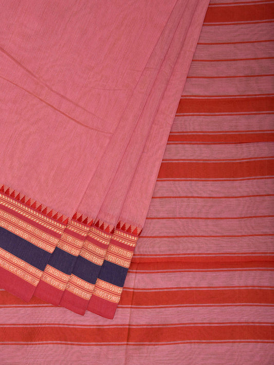 Baby Pink and Red Bamboo Cotton Plain Saree with Strips Pallu Design No Blouse bc1024