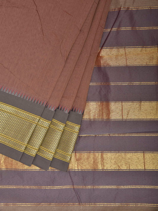 Light Brown and Grey Bamboo Cotton Plain Saree with Contrast Pallu Design No Blouse bc1025