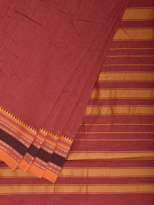 Burgundy and Mustard Bamboo Cotton Plain Saree with Strips Pallu Design No Blouse bc1026