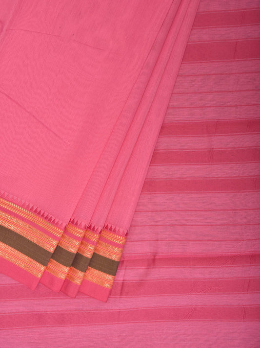 Pink and Green Bamboo Cotton Plain Saree with Strips Pallu Design No Blouse bc1027
