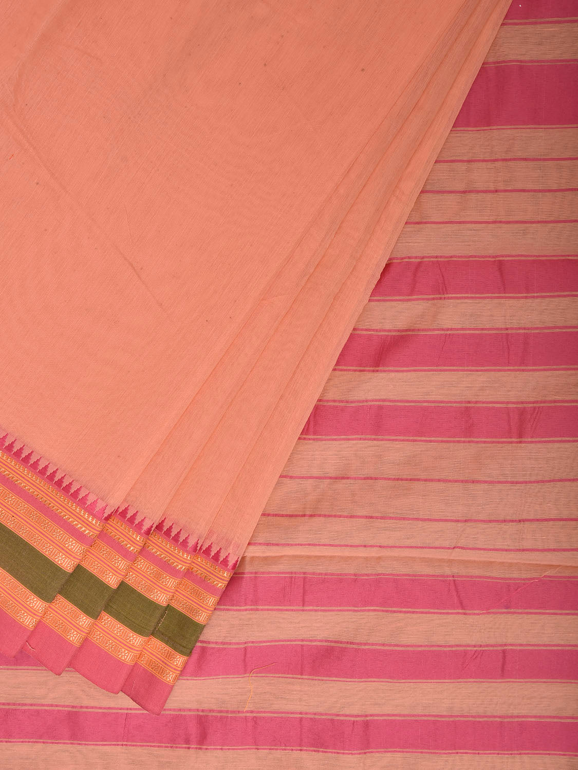 Light Peach and Pink Bamboo Cotton Plain Saree with Strips Pallu Design No Blouse bc1029