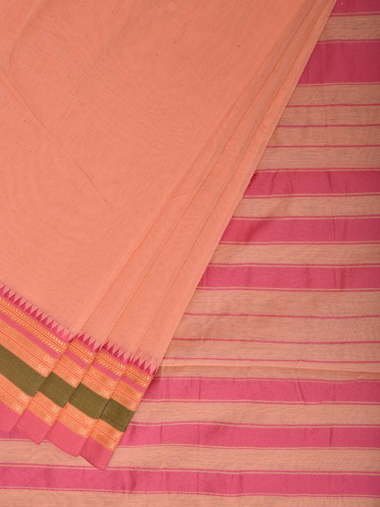 Light Peach and Pink Bamboo Cotton Plain Saree with Strips Pallu Design No Blouse bc1029