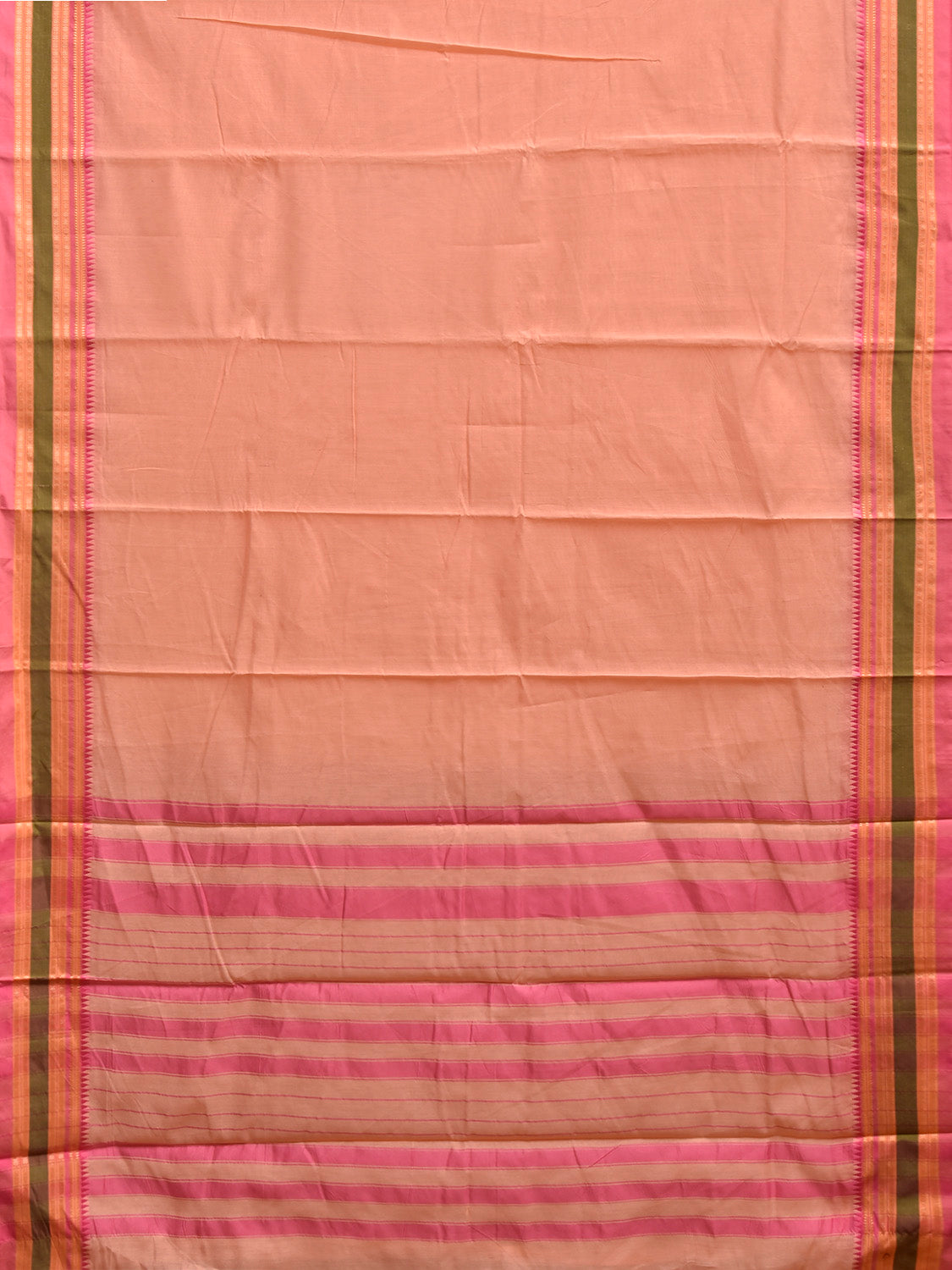 Light Peach and Pink Bamboo Cotton Plain Saree with Strips Pallu Design No Blouse bc1029