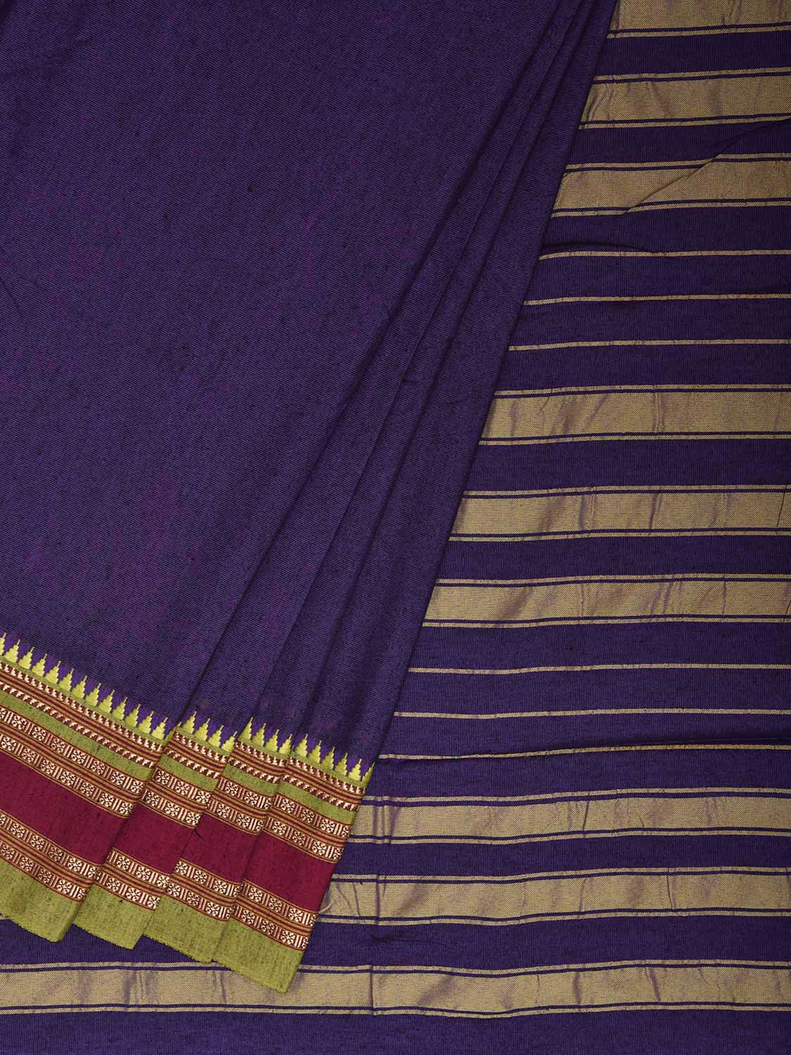 Indigo and Green Bamboo Cotton Plain Saree with Strips Pallu Design No Blouse bc1030
