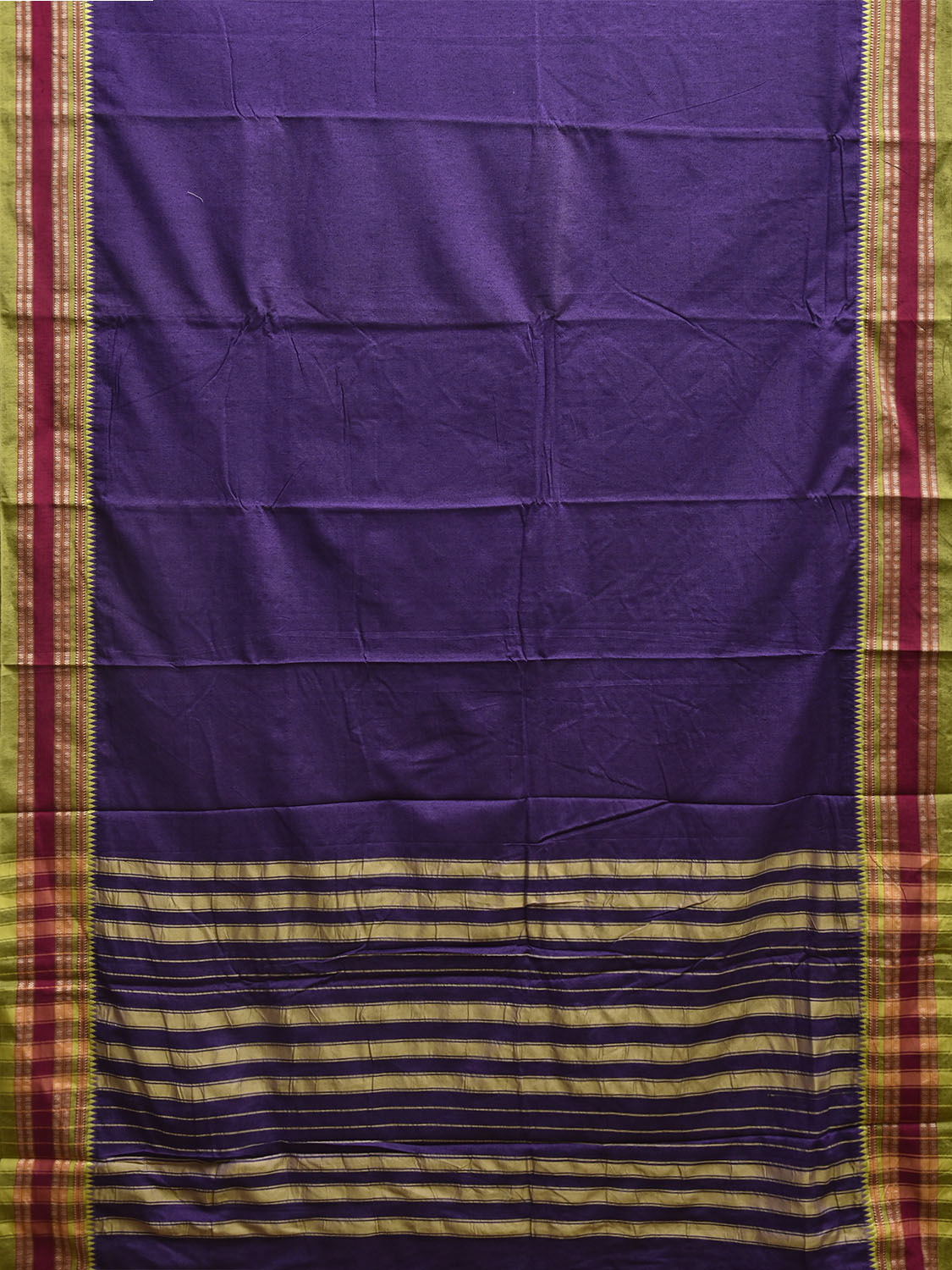 Indigo and Green Bamboo Cotton Plain Saree with Strips Pallu Design No Blouse bc1030