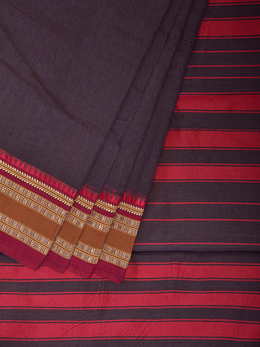 Dark Grey and Pink Bamboo Cotton Plain Saree with Strips Pallu Design No Blouse bc1031