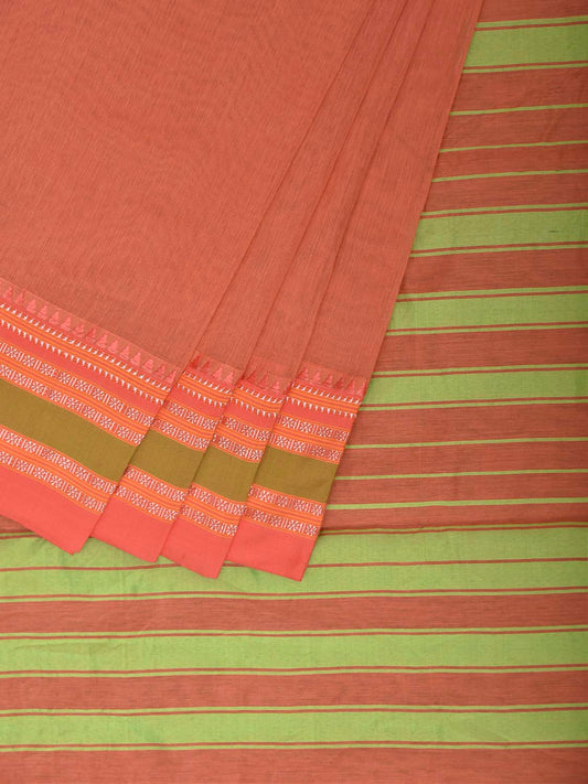 Peach and Green Bamboo Cotton Plain Saree with Strips Pallu Design No Blouse bc1032