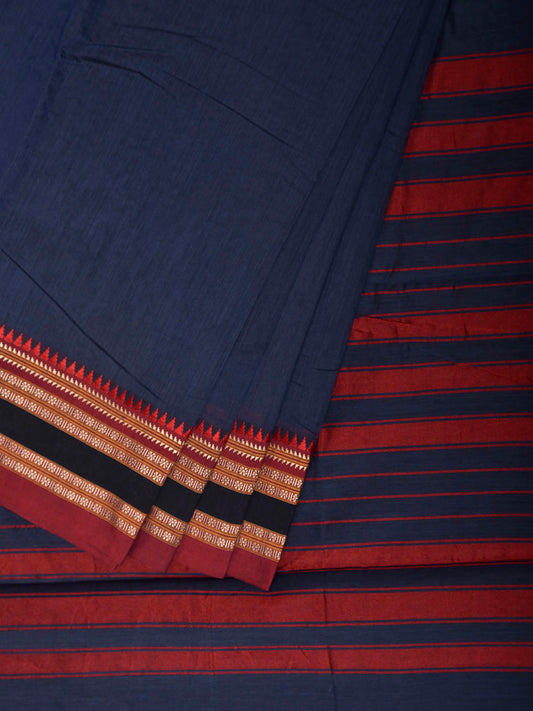 Navy and Red Bamboo Cotton Plain Saree with Strips Pallu Design No Blouse bc1035