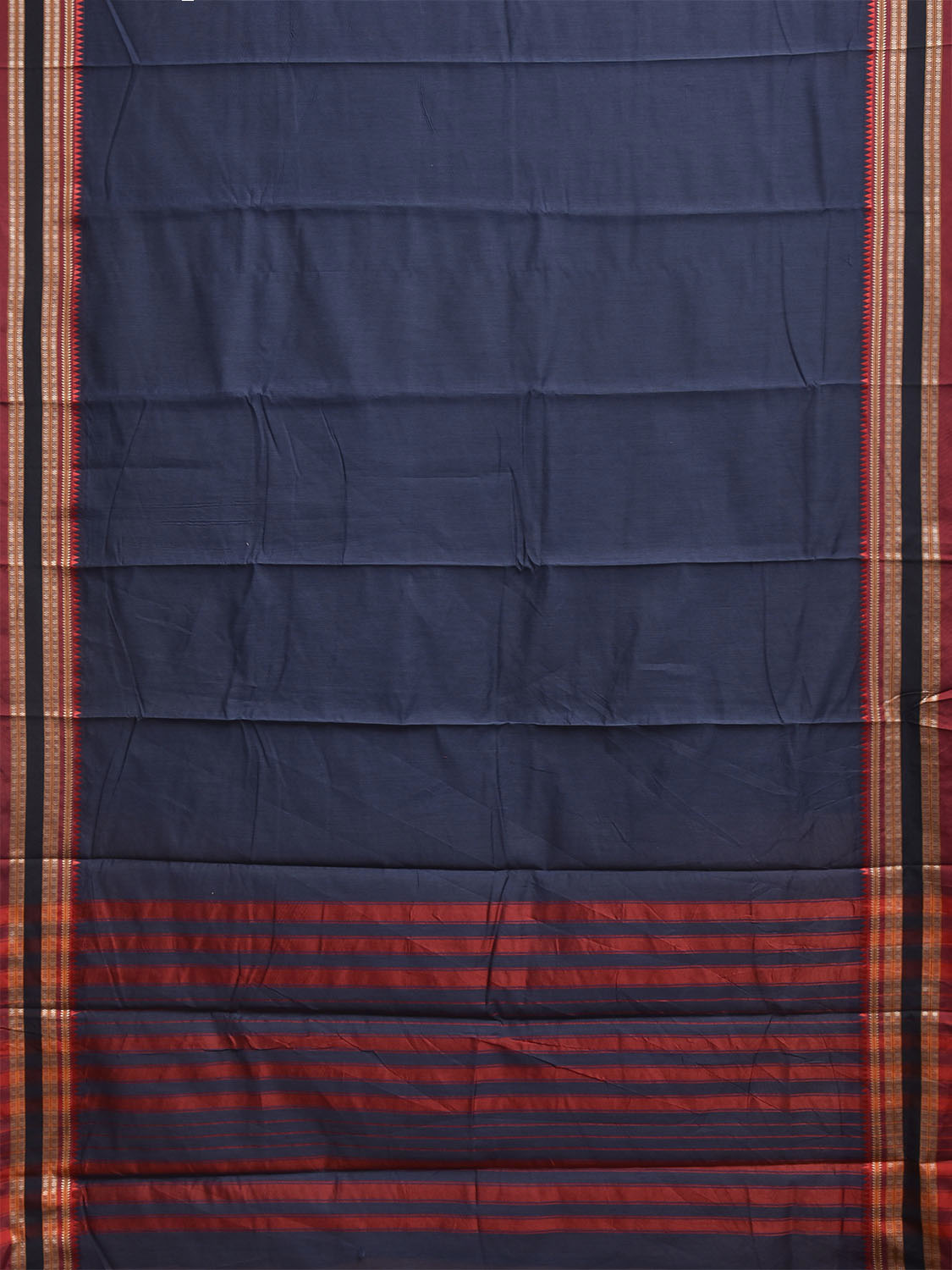 Navy and Red Bamboo Cotton Plain Saree with Strips Pallu Design No Blouse bc1035