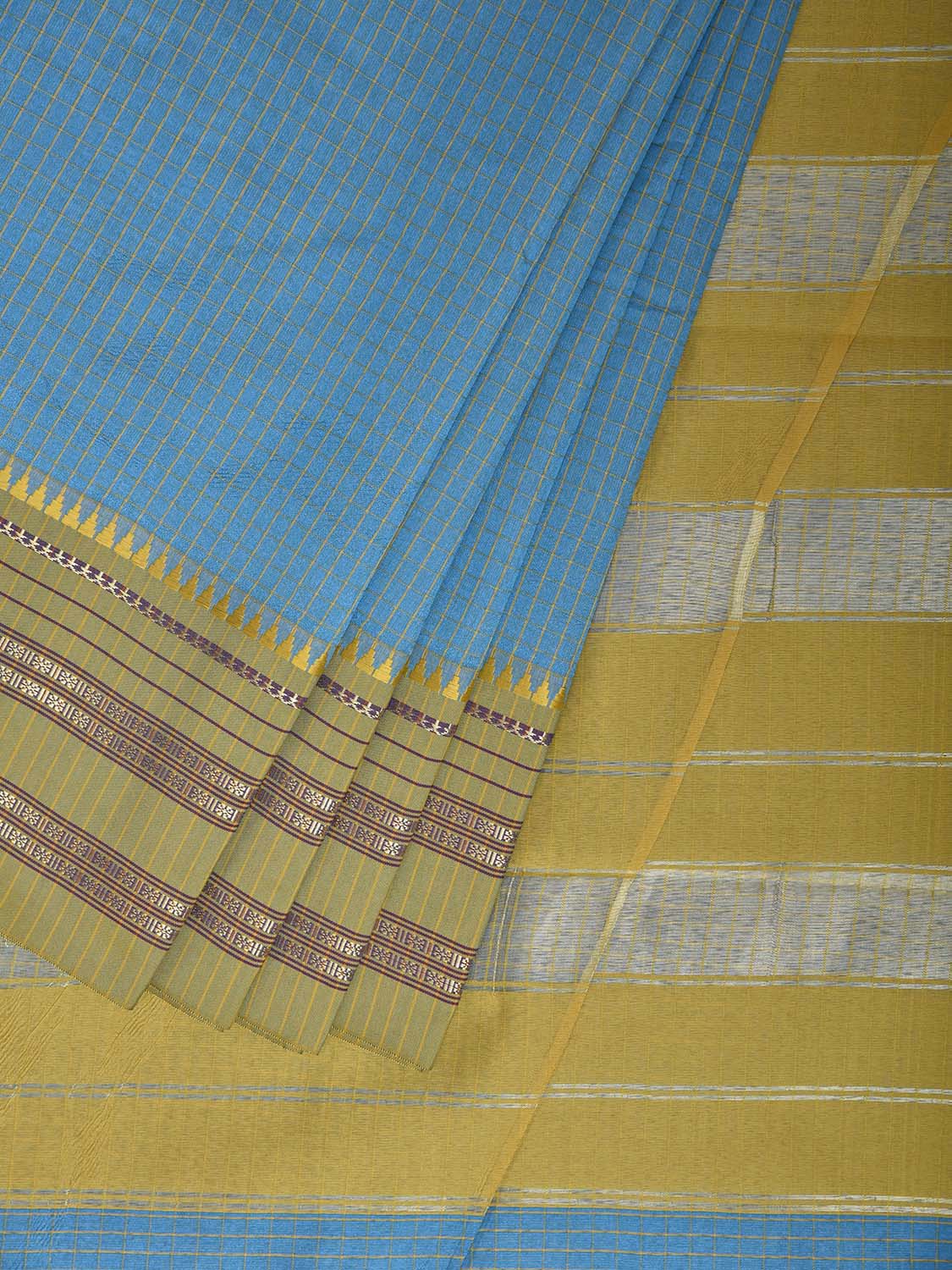 Blue and Green Bamboo Cotton Viscose Silk Saree with Checks Design No Blouse bc1036