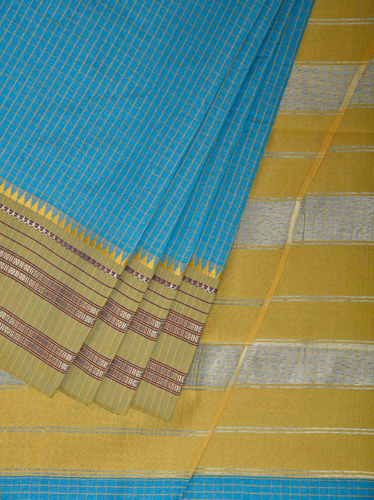 Blue and Green Bamboo Cotton Viscose Silk Saree with Checks Design No Blouse bc1036