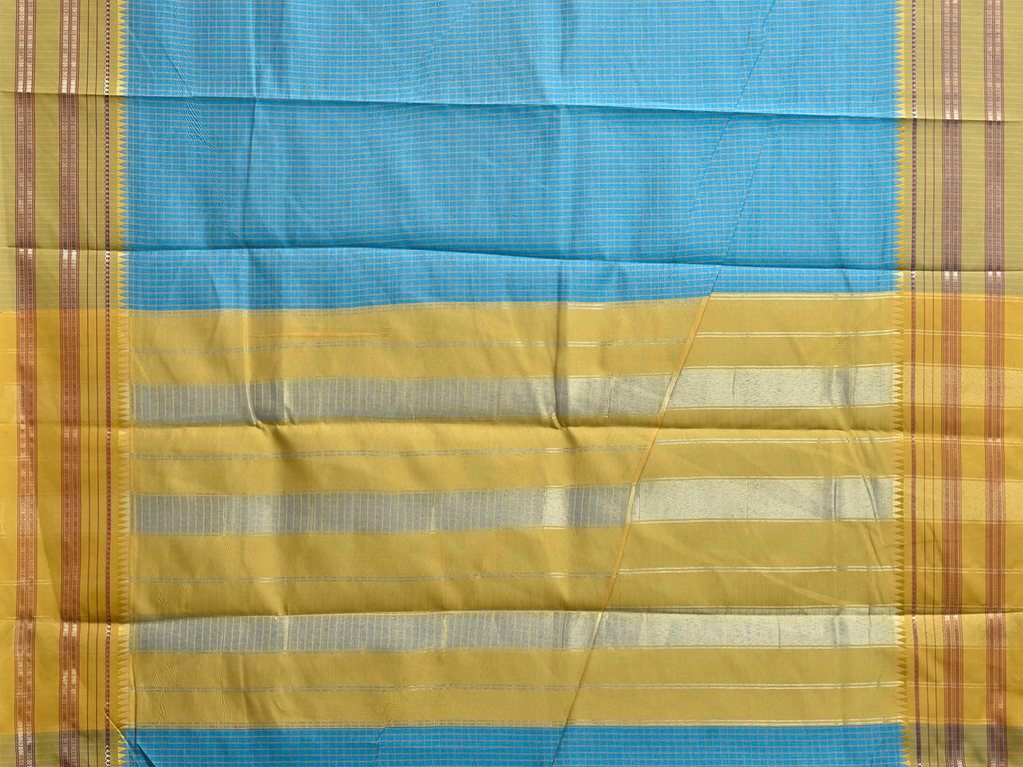 Blue and Green Bamboo Cotton Viscose Silk Saree with Checks Design No Blouse bc1036