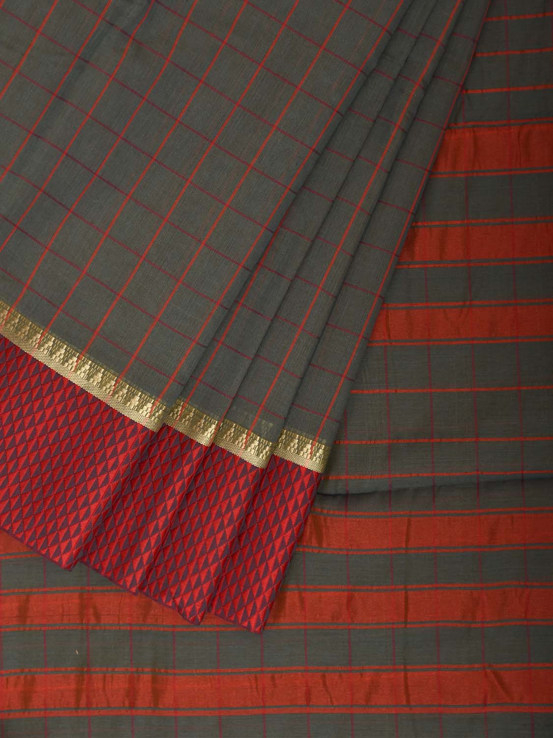 Olive and Red Bamboo Cotton Saree with Big Checks Design No Blouse bc1037