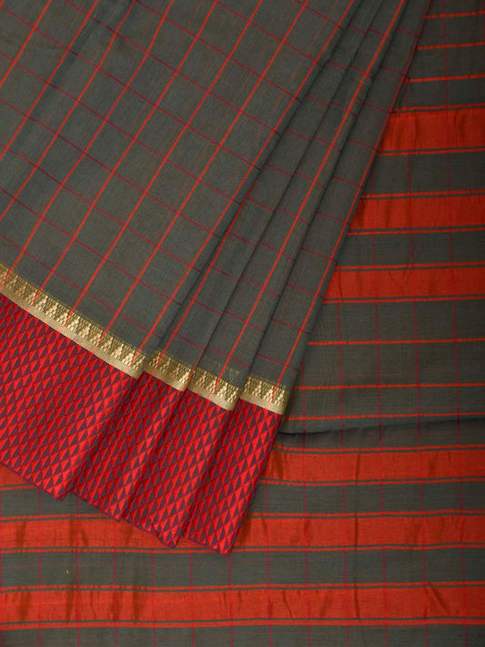 Olive and Red Bamboo Cotton Saree with Big Checks Design No Blouse bc1037