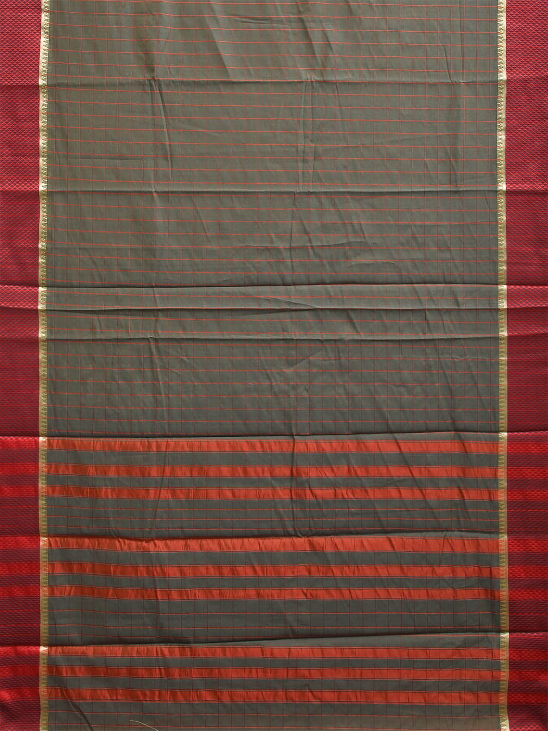 Olive and Red Bamboo Cotton Saree with Big Checks Design No Blouse bc1037