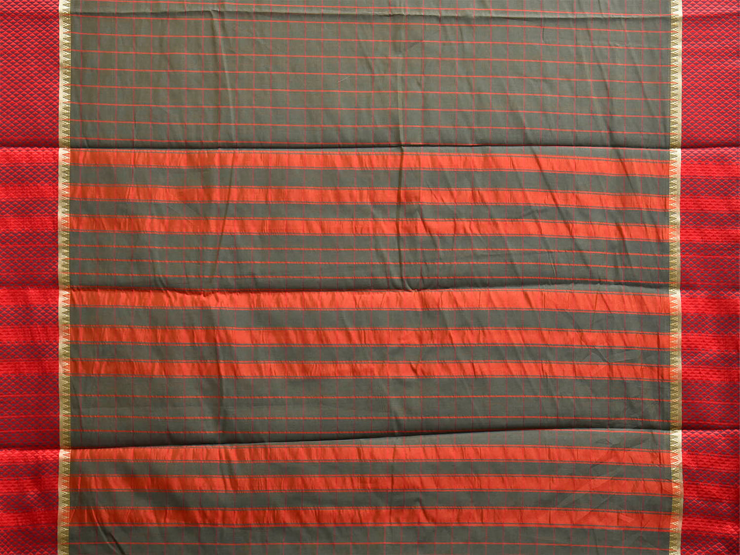Olive and Red Bamboo Cotton Saree with Big Checks Design No Blouse bc1037